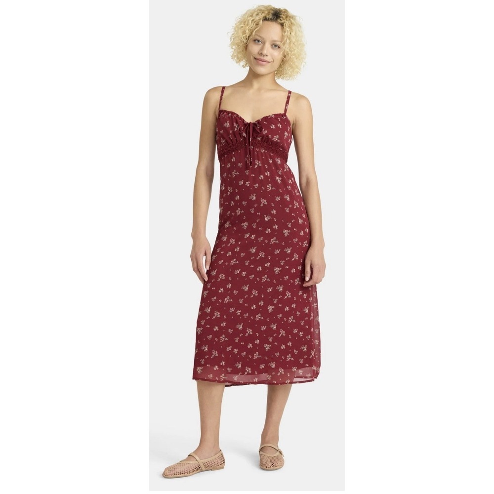No Boundaries Burgundy Floral Midi Dress Lace Trim Smocked Back Cottagecore Med - Picture 2 of 4